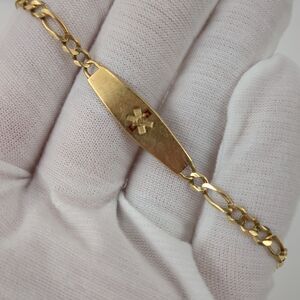 14K Solid Yellow Gold Medical Alert Figaro Curb Chain Link ID Bracelet 5.4 grams